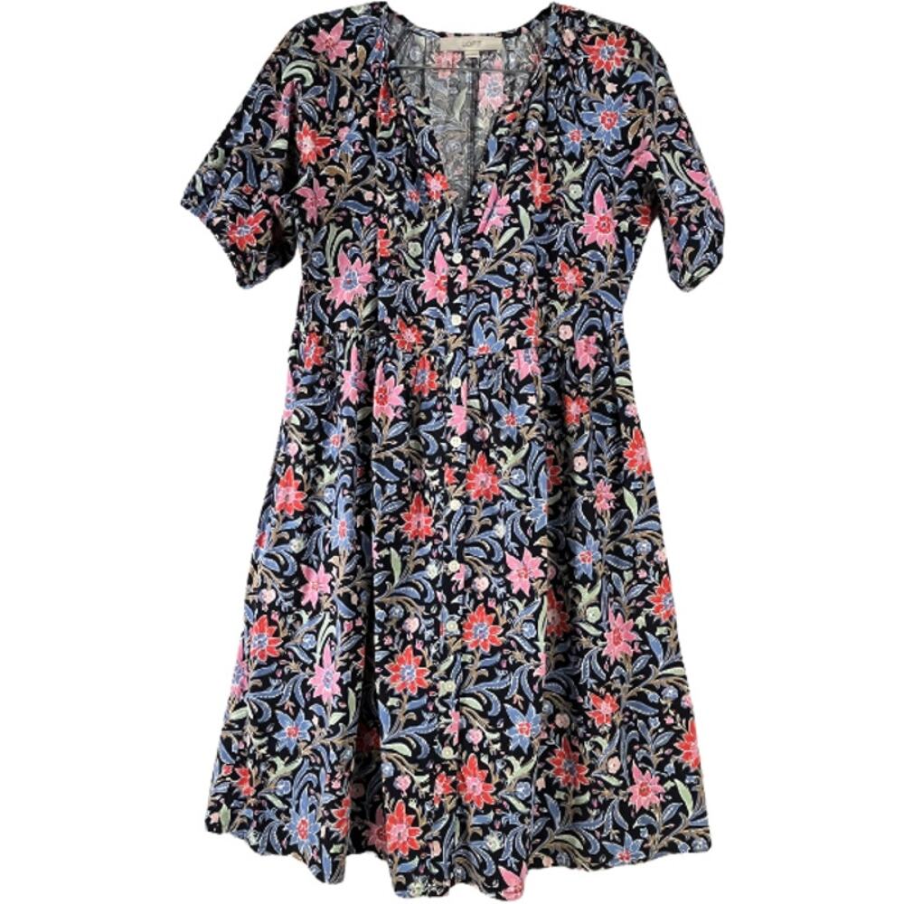 LOFT Navy Floral Bell Sleeve Button Front V Neck Dress XS